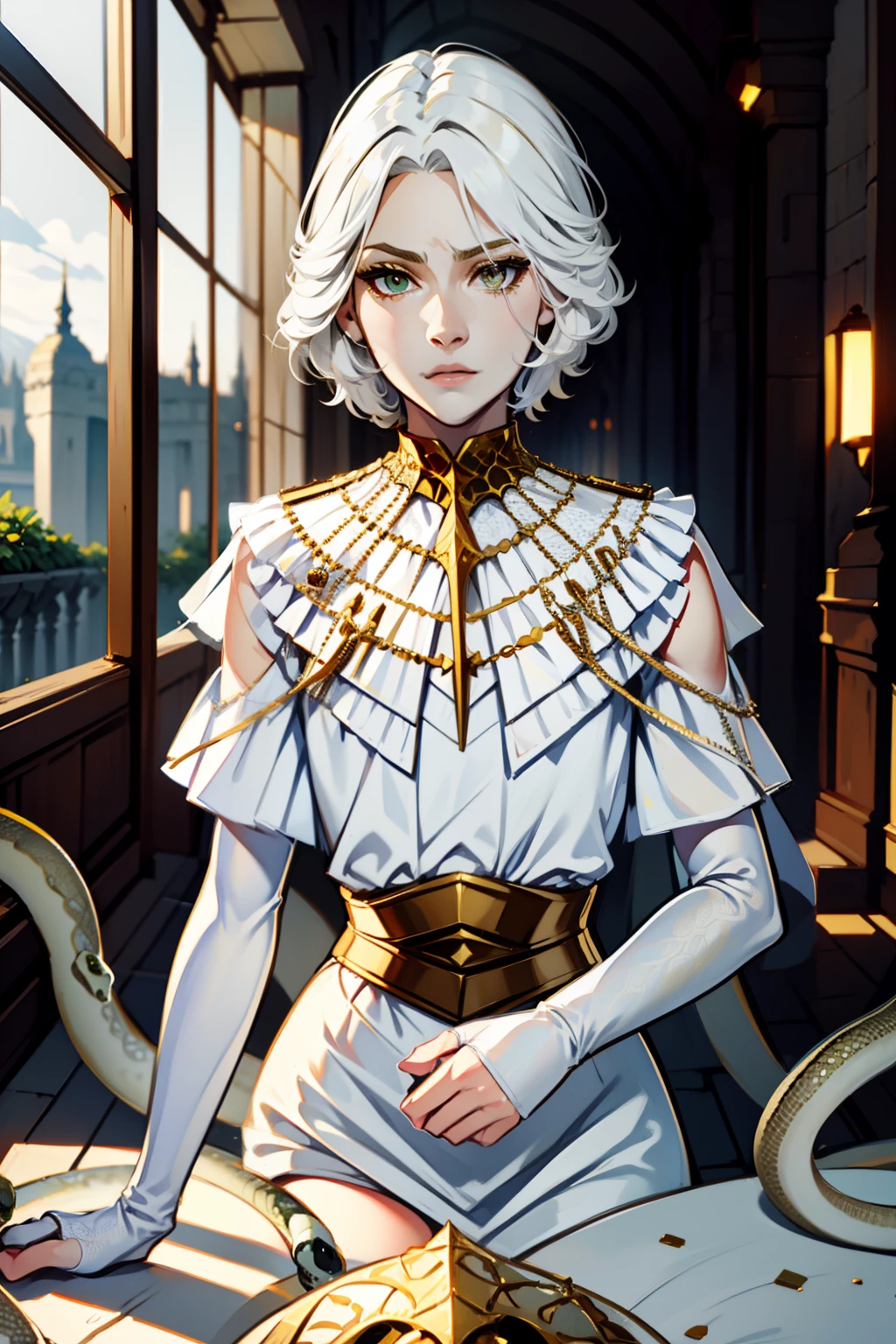 Gywndolin, short white hair, androgynous, 1boy, male, femboy, flat-chested, GwyRob, white thighhighs, ((golden sun mask)), covered eyes, gold jewelry, white elbow gloves, long white dress, green snakes, white veil, ((snakes under white dress)), perfect anatomy, solo, across table, upper body, first person pov, looking at viewer