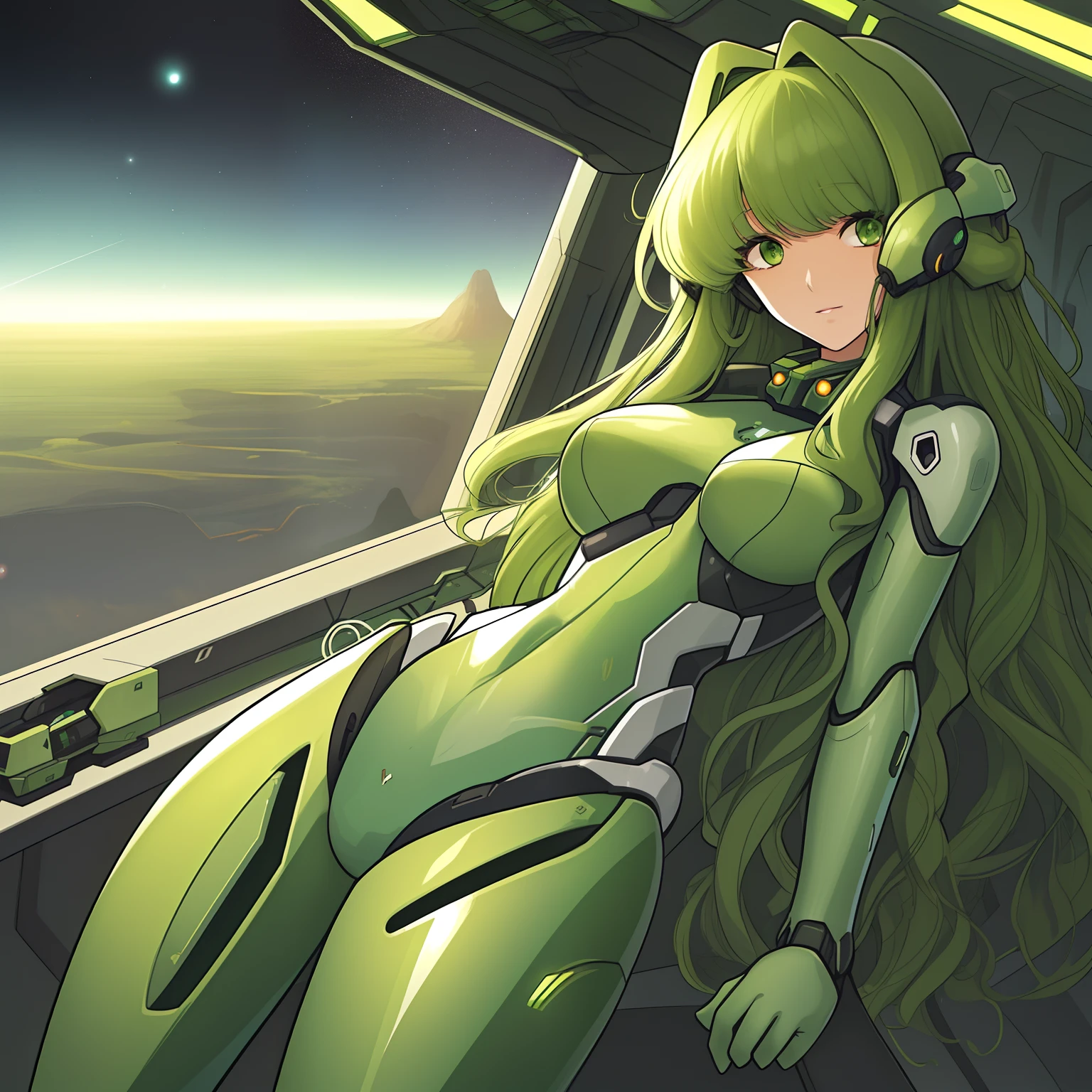 A women, long green curly hair, mech suit, in a spaceship with a view of the galaxy