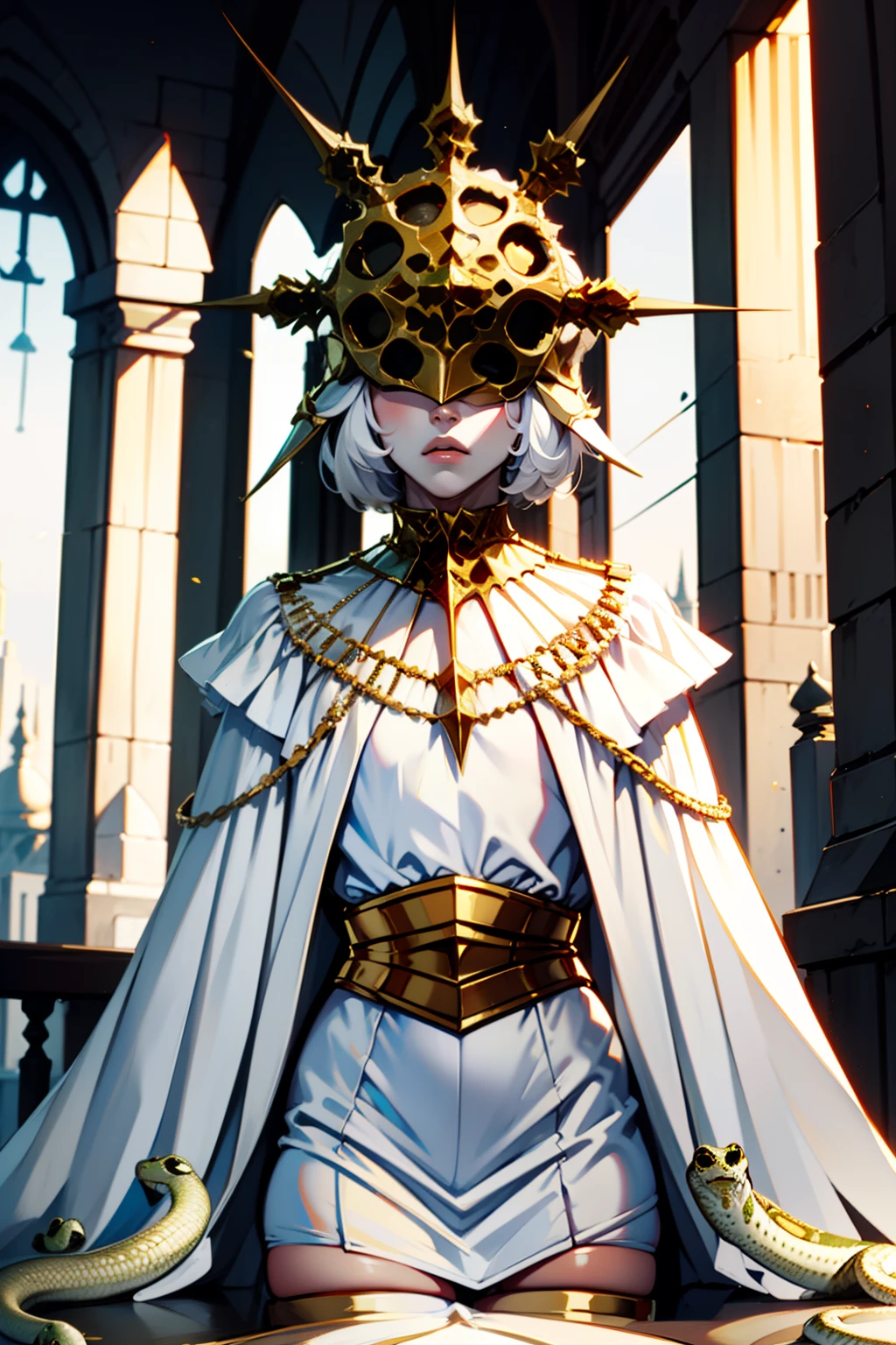 Gywndolin, short white hair, androgynous, 1boy, male, femboy, flat-chested, GwyRob, white thighhighs, ((golden sun mask)), covered eyes, gold jewelry, white elbow gloves, long white dress, green snakes, white veil, ((snakes under white dress)), perfect anatomy, solo, across table, upper body, first person pov, looking at viewer