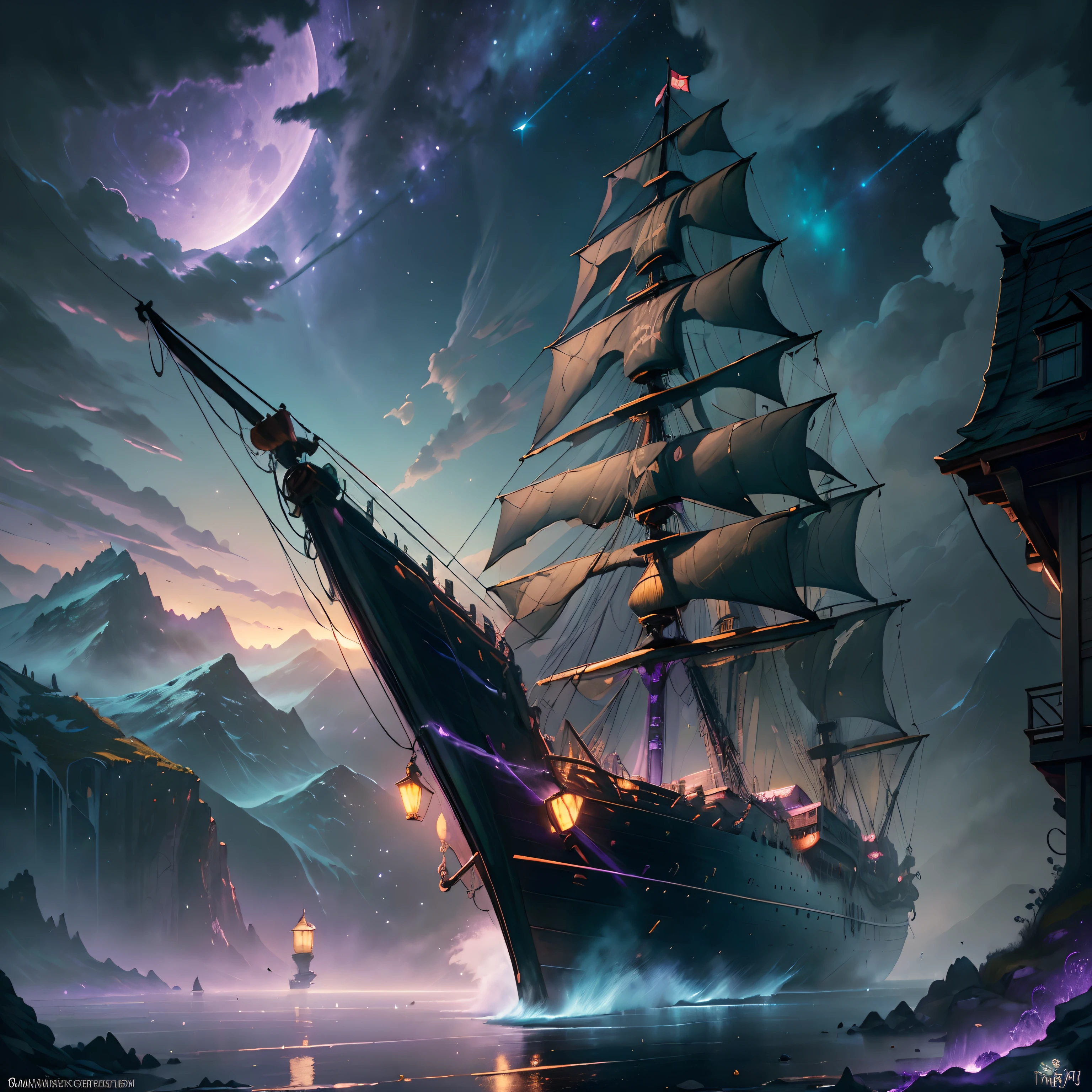 Computer visualized graphics, realistic fantasy, Extensive landscape ultra photography (general view, which shows a huge wooden sailing ship, with decks, 4 decks, stern, hold, + a lot of sails, + bow, + tank, + stern, + ut + decks
Horizontal platforms - decks, full moon, night sky, blurred background, warm, yellow, purple background, pink, warm, magic, "Hyper-realistic textures," "Precise details," "Realistic still life," "Realistic portraits," "Realistic landscapes." Watercolor Drawing, "Majestic mountains," "Hyper-realistic textures," Banksy, Liu Bolin, Ansel Adams, Yoshitaka Amano realistic fantasy, Extensive landscape ultra photography, blurred background, cool, turquoise hue, a bit of purple, airy color, magic, "Hyper-realistic textures," "Precise details," "Realistic still life," "Realistic portraits," "Realistic landscapes." Lit cityscapes,” “Starry skies,” “Moonlit landscapes,” “Night time portraits,” “Long exposures.” 16:9 --ar