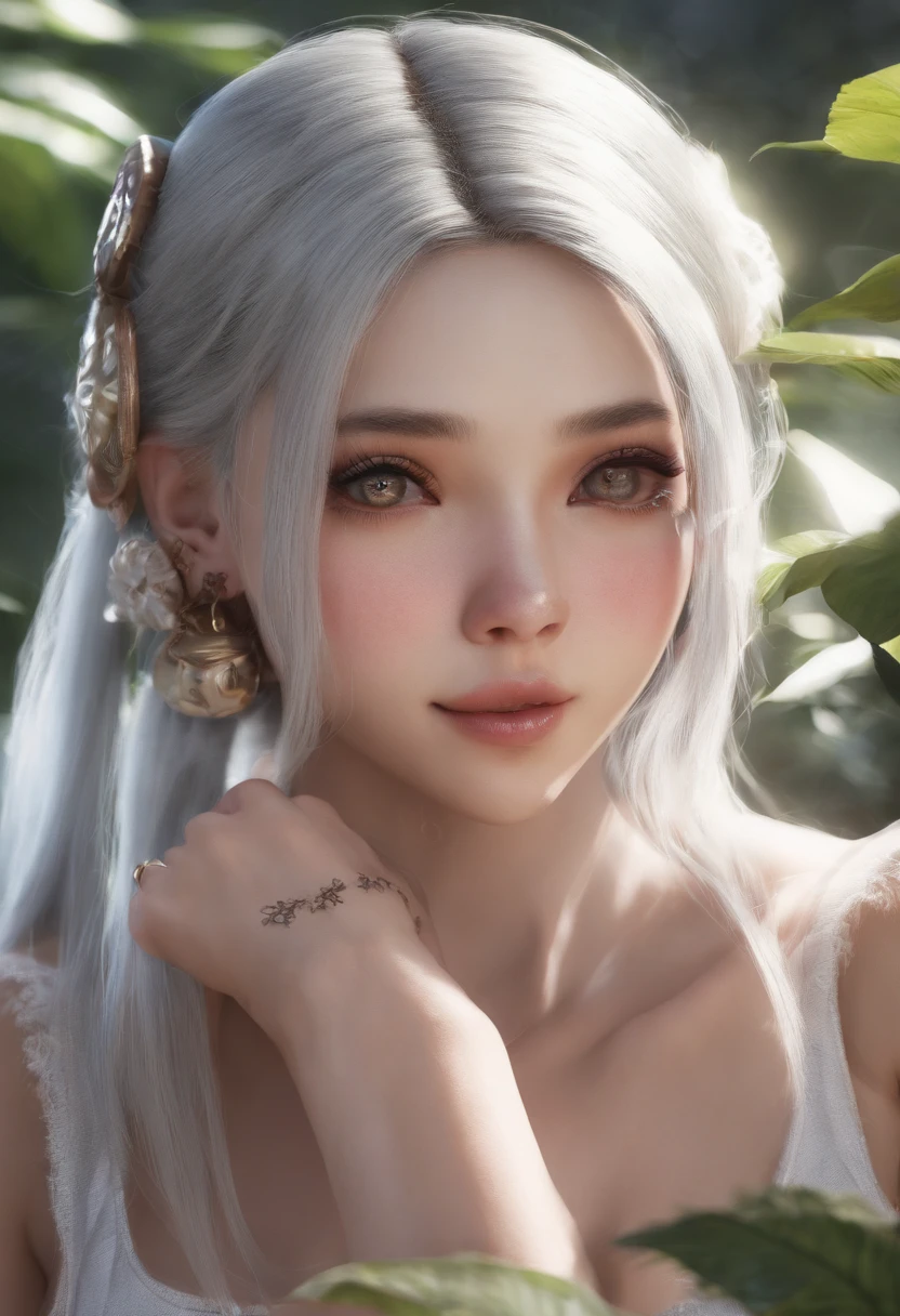 A woman with white hair and a white dress posing for a picture - SeaArt AI