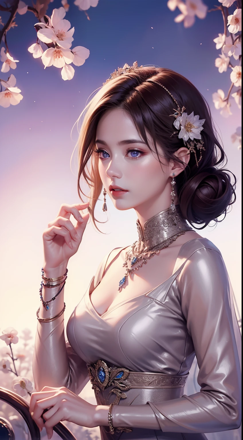 tmasterpiece，Highest high resolution，((themoon))，Dynamic bust of a beautiful aristocratic maiden，elegantly coiled brown chestnut hair，Purple clear eyes，Hair is covered with beautiful and delicate floral craftsmanship, Crystal Jewelry Filigree，Ultra-detailed details，upscaled，The Earth Rises。