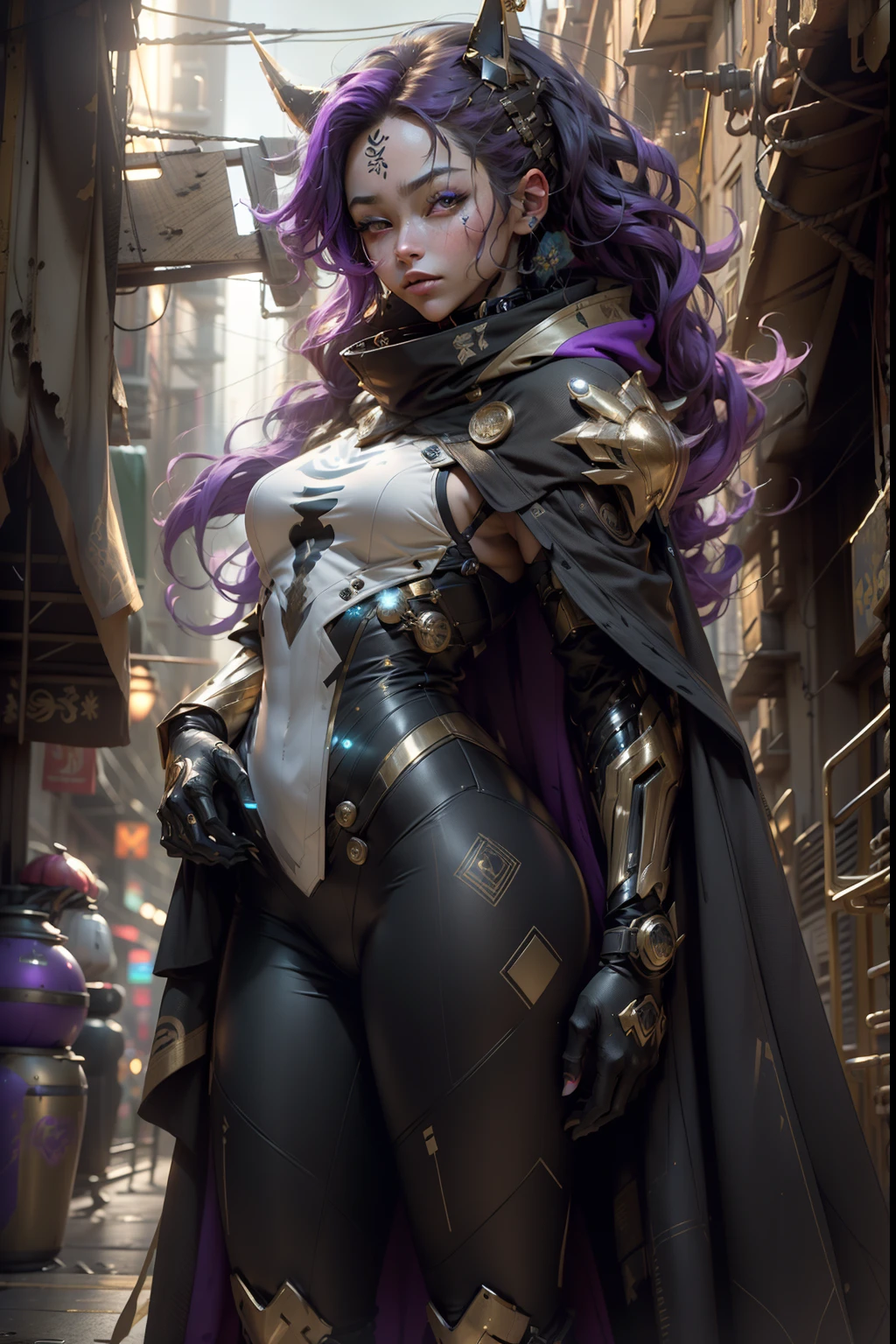 Dark Cyberpunk City、Villain Phantom、Insect humans、、Wearing a gold and white cloak、Wearing a black and purple tribal print bodysuit、28-year-old woman, Very long hair, Golden hair standing on end、,Purple face with a sense of fear、Coat of arms on the forehead、Eyes glow、masutepiece, Hyper realistic, 8K, Bokeh, Fire Luminescent, The body glows blue、