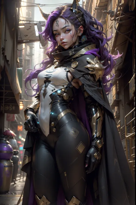 Dark Cyberpunk City、Villain Phantom、Insect humans、、Wearing a gold and white cloak、Wearing a black and purple tribal print bodysu...