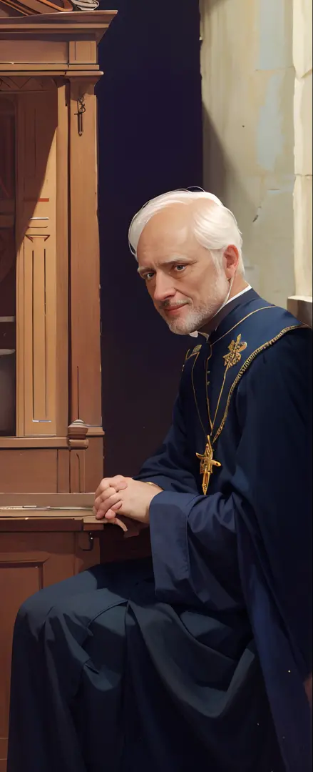 pintura de um homem com um manto azul sentado em uma cadeira, Retrato do Santo Padre, inspirado em Ed Benedict, inspirado em Mat...