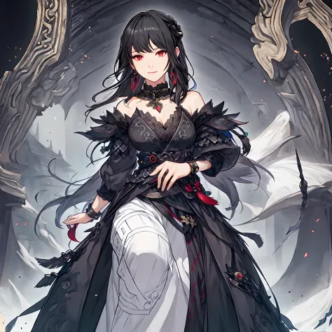 masterpiece, best quality, 1woman adult, older milf, female focus, solo, black hair, vibrant red eyes, long hair with fringe, looking at viewer, closed mouth, bangs, Fantasy aesthetics, fantasy earring, Highly detailed, shadowverse style, black attire, sor...