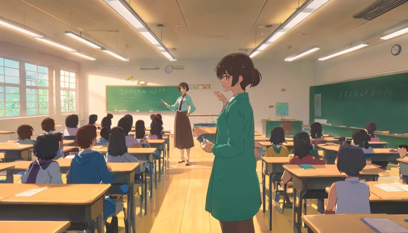 Anime classroom with a teacher and students in the background - SeaArt AI