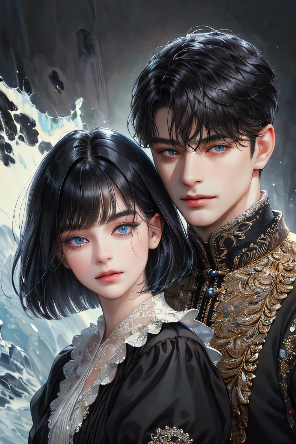 (absurdly , high quality , masterpiece , ultra detailed), ( detailed to hand ) (detailed to eyes) (detailed to face) , couples, 1 man (short black Quiff hair with Soft Fringe, bangs part on side 3:7 ratio) and 1 woman (short black hair with fringe) love ,pretty eyes (blue eyes) , black hair, fantasy, detailed background.