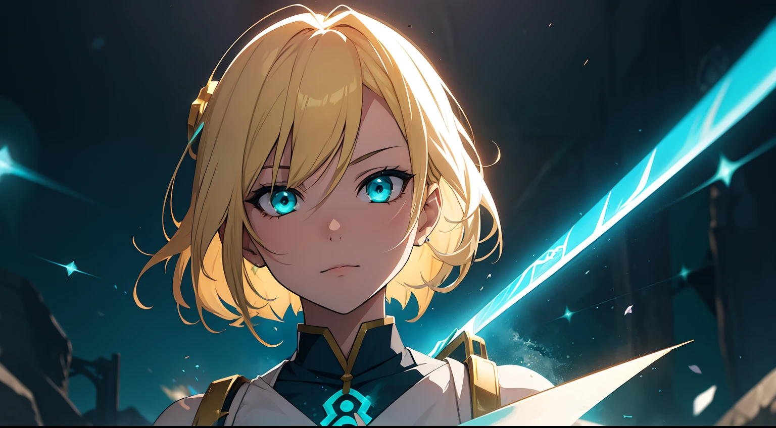 anime girl, blonde hair, fantasy, dagger, magic, teal, glowing, epic lighting, medic, healer, long hair, armor