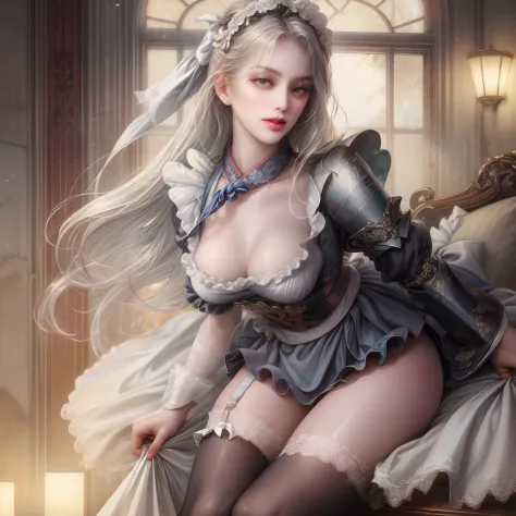 "((1 girl in)、(Long grey hair+silber hair:1.2)、(Lori+Beautiful clothes)、Perfectly beautiful、robe blanche、Goddess Pixiv、seductiv)、(Dynamic table pose)、(cute little)、(The background is unknown)、hight resolution。」（（（1个Giant Breast Girl）），Ray traching，（dim mur...