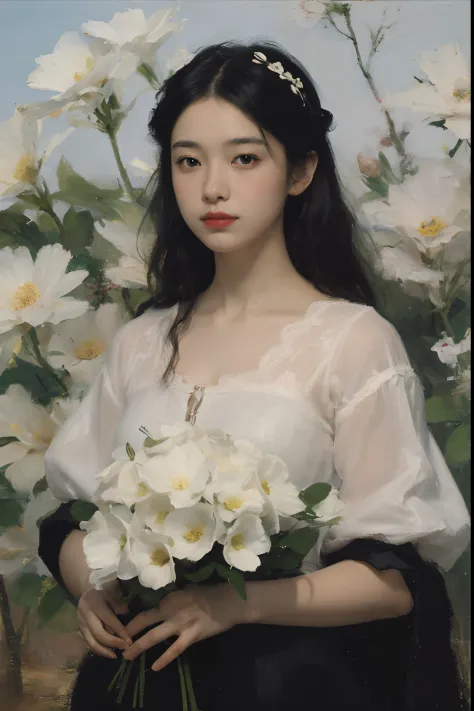 (Oil painting: 1.5),

\\

A woman with long black hair and white flowers in her hair lies in a field of white flowers, (Amy Saul...