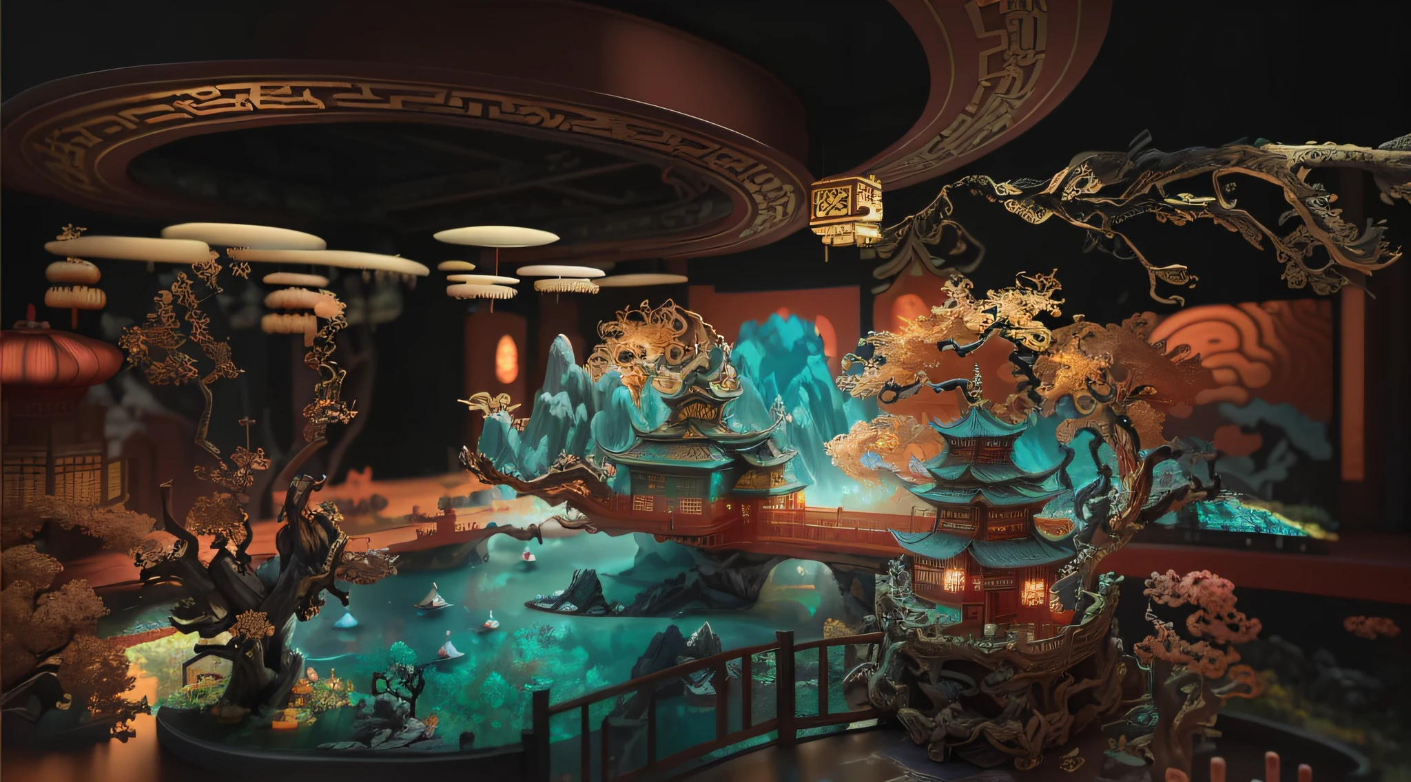 A Chinese palace，Beautiful rendering of the Tang Dynasty, highly detailed surreal vfx, intricate ornate anime cgi style, japonisme 3 d 8 k ultra detailed, highly detailed vfx scene, Features a miniature indoor lake, Chinese fantasy, fantasy style 8 k octane render, a chinese wedding，opulent，shock，