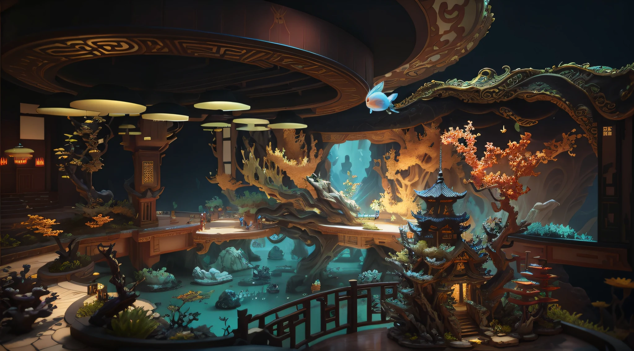 Es gibt ein großes Aquarium，Es gibt viel Wasser und Pflanzen im Inneren, Die wirbelnden Gärten der Kaiserin, Wunderschöne Darstellung der Tang-Dynastie, hochdetaillierte, surreale visuelle Effekte, komplizierter, verzierter Anime-CGI-Stil, Japanischer 3-Tage-8K-Ultra-Detaillierter, hochdetaillierte VFX-Szene, Verfügt über einen Miniatur-Innensee, Chinesische Fantasie, 8k Octane-Rendering im Fantasy-Stil, Unterwassertempel mit Fischen