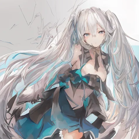 Let's start with a base illustration of a young female character.
Adjust the hair color to Hatsune Miku's iconic turquoise blue.
Style the hair to be very long, reaching below the waist, in twin tails. Ensure the twin tails are evenly balanced and neatly w...