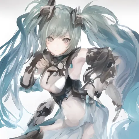 Let's start with a base illustration of a young female character.
Adjust the hair color to Hatsune Miku's iconic turquoise blue.
Style the hair to be very long, reaching below the waist, in twin tails. Ensure the twin tails are evenly balanced and neatly w...