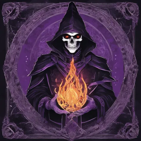 Um Mago das Trevas de RPG, Holding flames in both hands, His face is behind a magic triangle in purple color