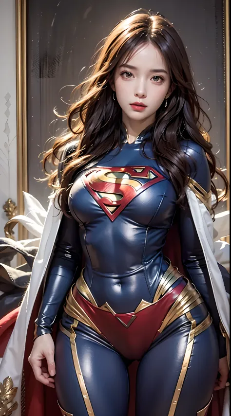 photorealistic, high resolution, soft light,1women, solo, hips up, (detailed face), jewelry, superman clothing, bodysuits, cloak
