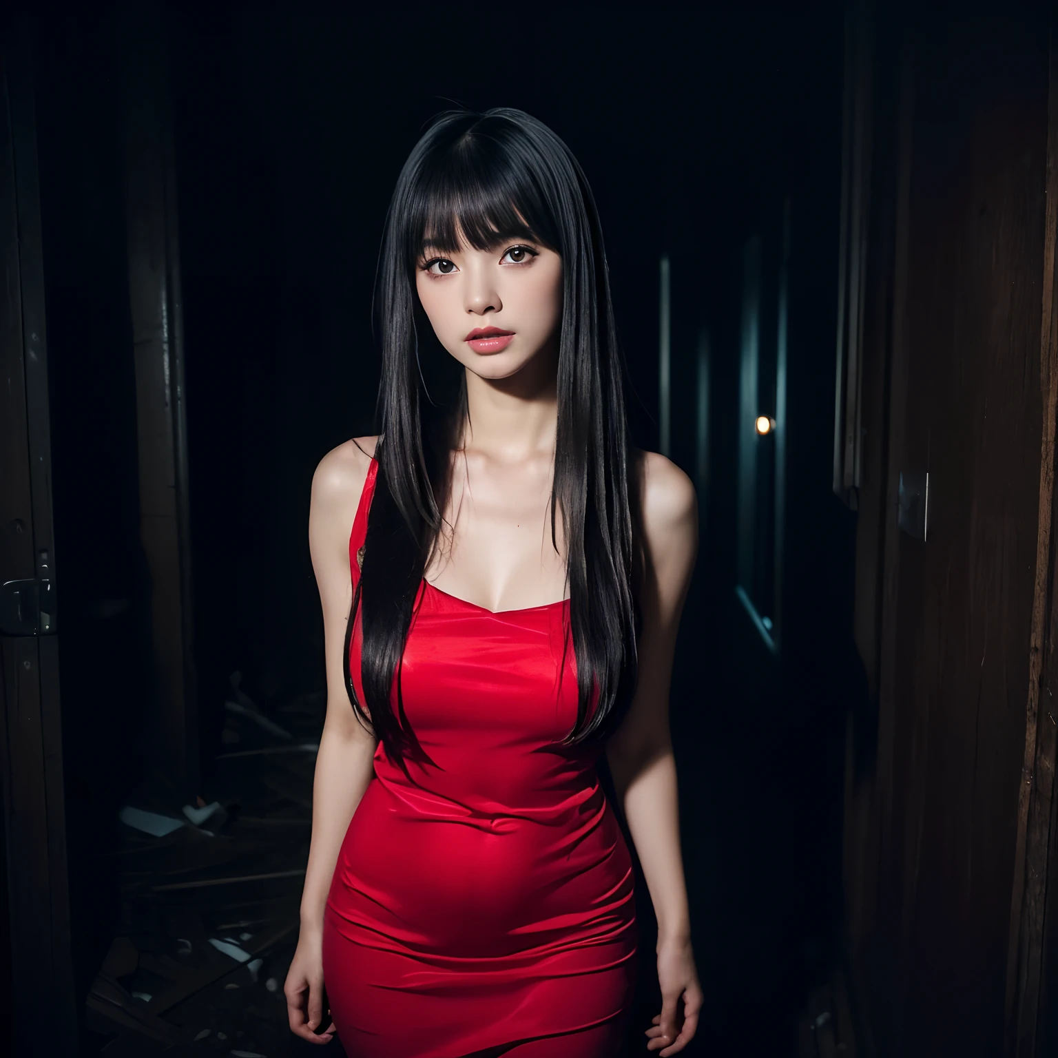 (​masterpiece, Best Quality), (Ultra-realistic portrait of the ghost of a woman in Japan, The ghost of a scary woman, (Black hair, Super long hair, Super long bangs:1.7, The entire front is hidden by long bangs:1.7, look down the ground:1.2), (Japan Ghost Story, Amazing beauty, ultra gigantic tits, Excellent slim body style, Mind-boggling images, Full body shot, (Light red dress:1.35), canny, terroral, Standing in an abandoned house in the Japan, (Dark atmosphere:1.5, Darkness of the night:1.5),