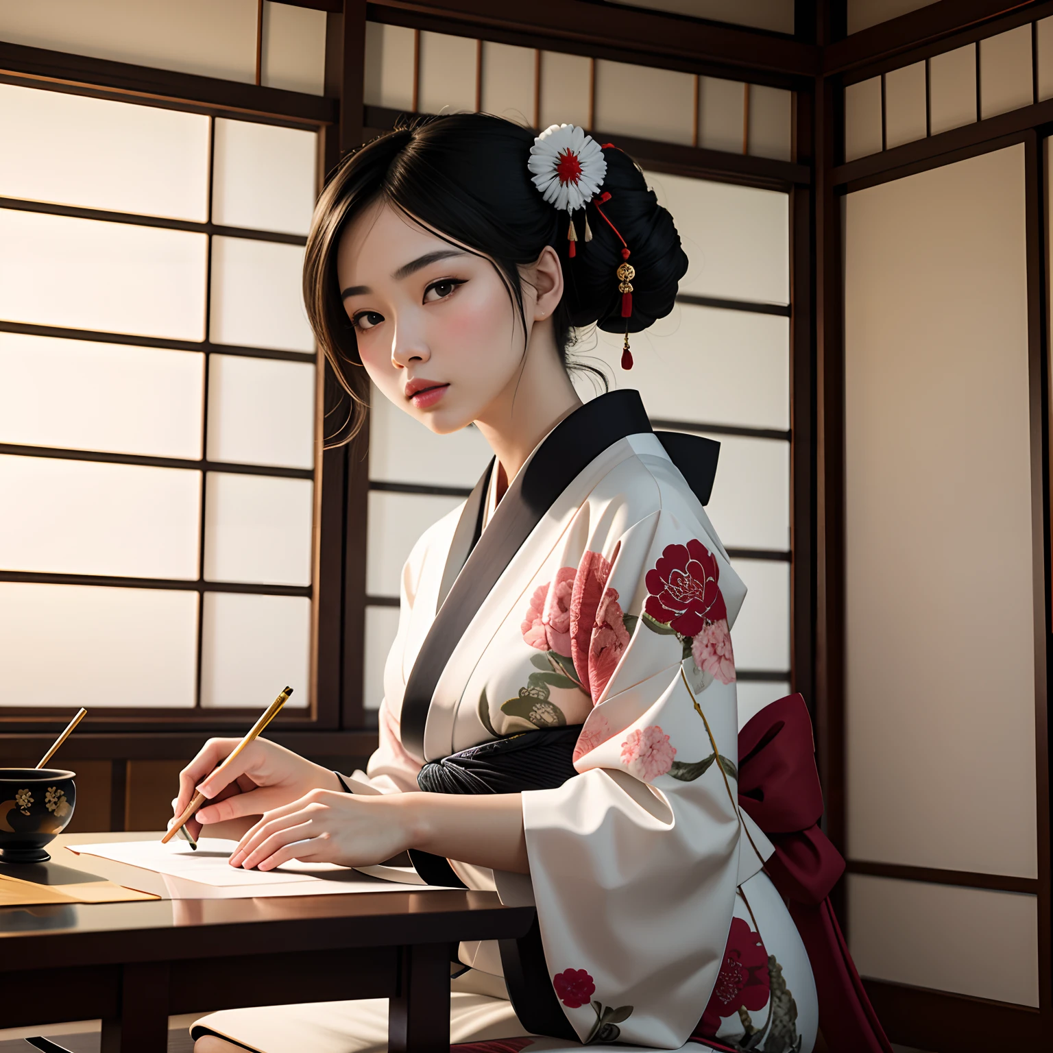 ((Masterpiece, best quality, photo realistic)), A 21-year-old incredibly beautiful woman wearing traditional Japanese kimono, practicing calligraphy with a focused expression, writing characters on a white sheet of paper, in a tatami-matted Japanese room adorned with ikebana and hanging scrolls.