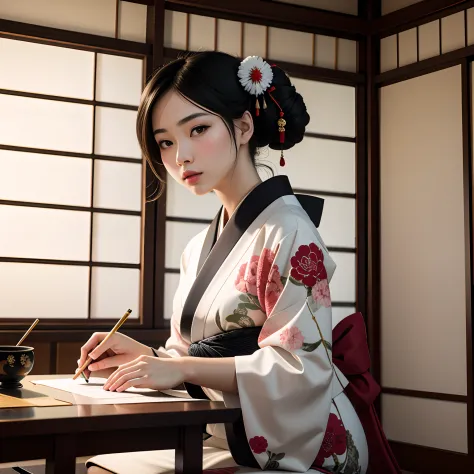 ((Masterpiece, best quality, photo realistic)), A 21-year-old incredibly beautiful woman wearing traditional Japanese kimono, pr...