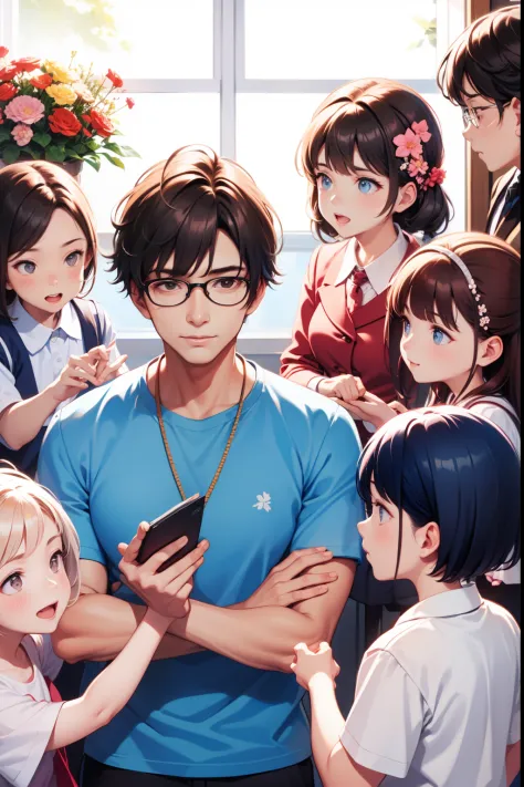 A 40-year-old teacher, Wearing glasses, Surrounded by a dozen children, There are flowers in front of him, upper body lens