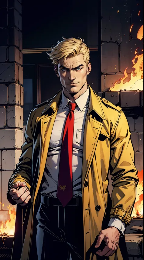 1 man, solo, John Constantine,  British man, tall, lean muscle, (big long baggy faded plain yellow trench coat), ((loose long re...