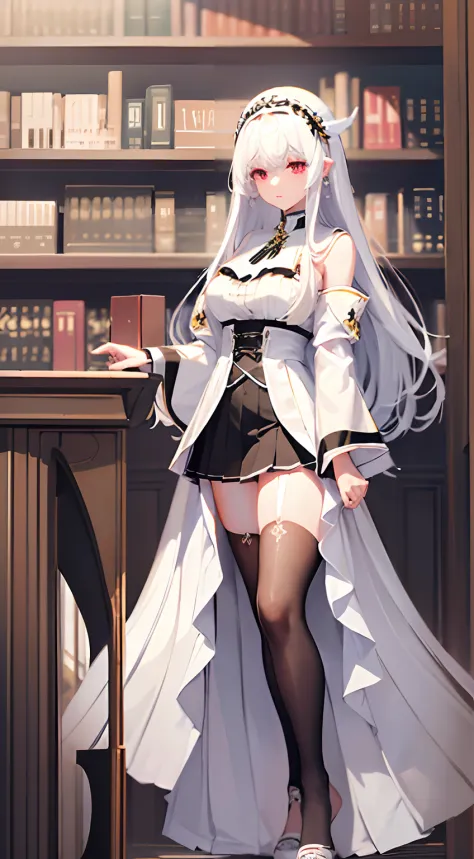 Beautiful illustration、top-quality、Beautiful girl、White color hair、long whitr hair、(((Black pleated skirt)))、(((long white robe)))、short- sleeved、Poor milk、red eyes、in library、Lovely thighs、glowing thigh、Fine hair、Exquisite headdress、face expressionless、Cr...