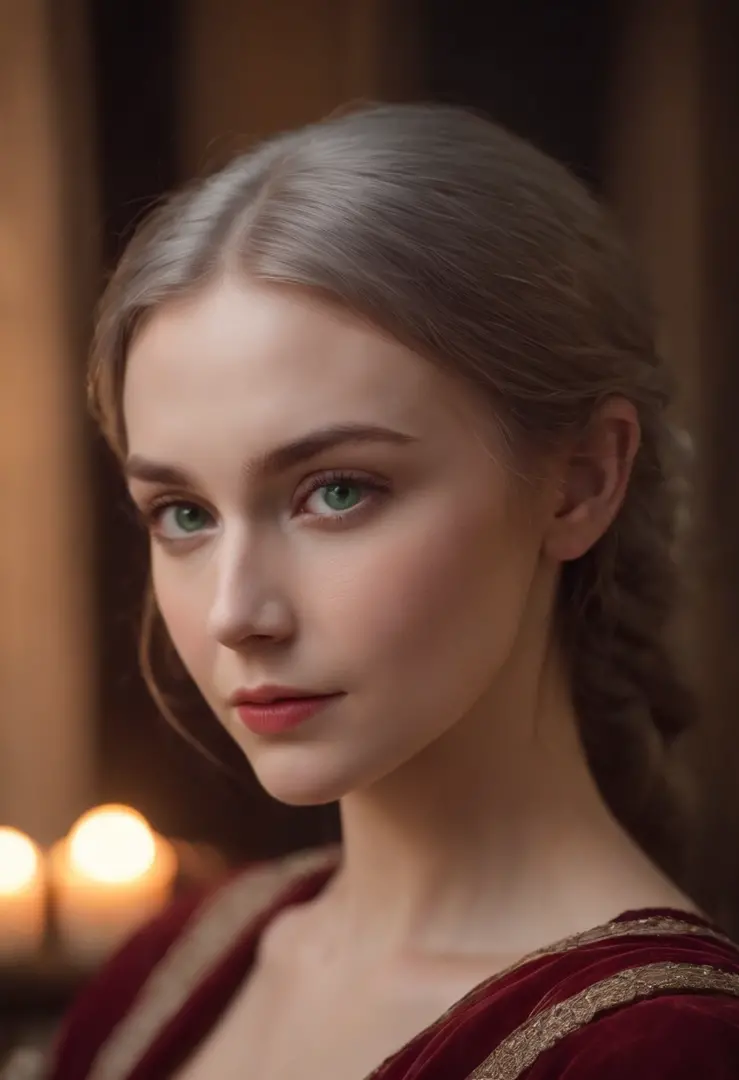 (((A deep reddish scar runs across her left cheek))) light skinned, Women around 19 years old, Natural gray hair, Distinctive green eyes, Wearing Cole, slender and graceful,, Beautiful, Candlelight in medieval atmosphere, Ultra Sharp Focus, realistic shot,...