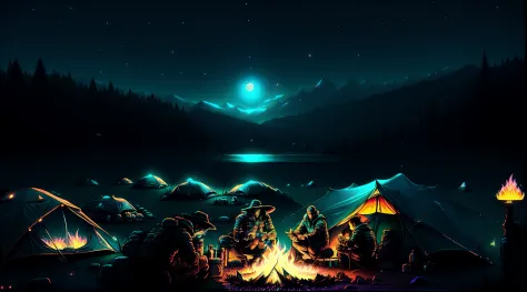 Several people sat around a campfire at night with tents and trees, Campismo, on a bonfire at night, outdoors at night, noite ao...
