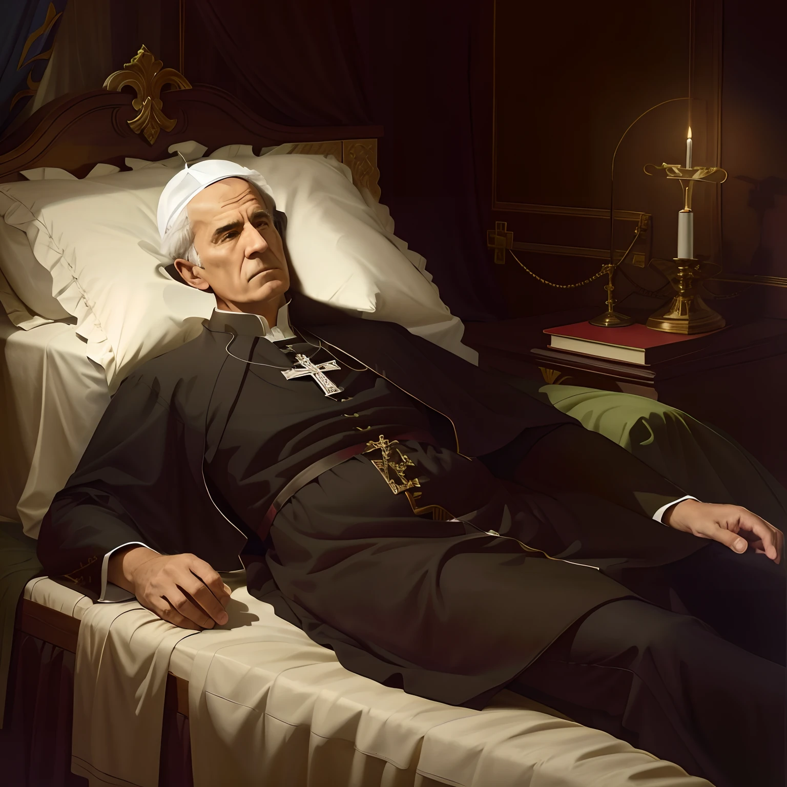 Un homme en peignoir noir allongé sur un lit, Le Pape se réveille dans son lit, Le pape catholique dans son lit, inspiré par Matthias Stom, inspiré par Ed Benedict, Le Pape est dans son lit, Portrait du Saint-Père, Peinture numérique baroque, inspiré de Jens Ferdinand Willumsen, Dirigé par: Julien Fałat