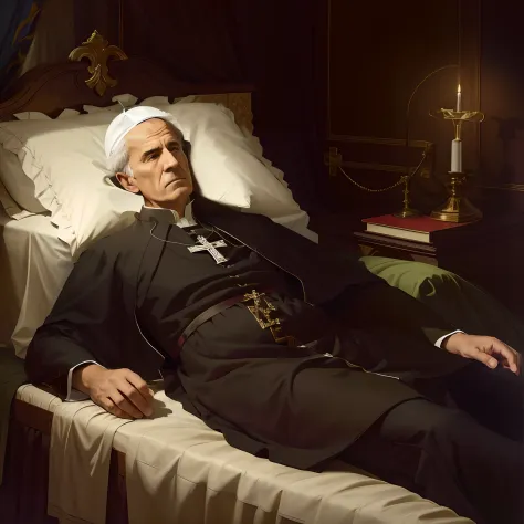 Man in black bathrobe lying on a bed, the pope wakes up is his bed, The Catholic pope in his bed, inspirado em Matthias Stom, in...