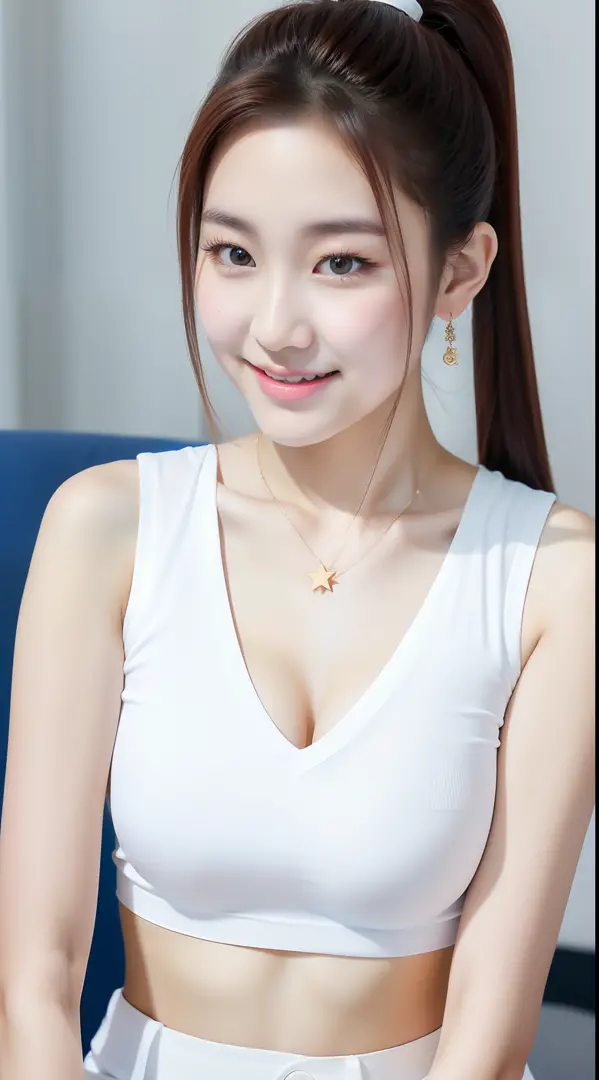 realistic photo of 1cute Korean star), short ponytail, white skin, thin makeup, 32 inch breasts size, slightly smile, wearing sleeveless shirt, on cuise ship, close-up portrait, 16k