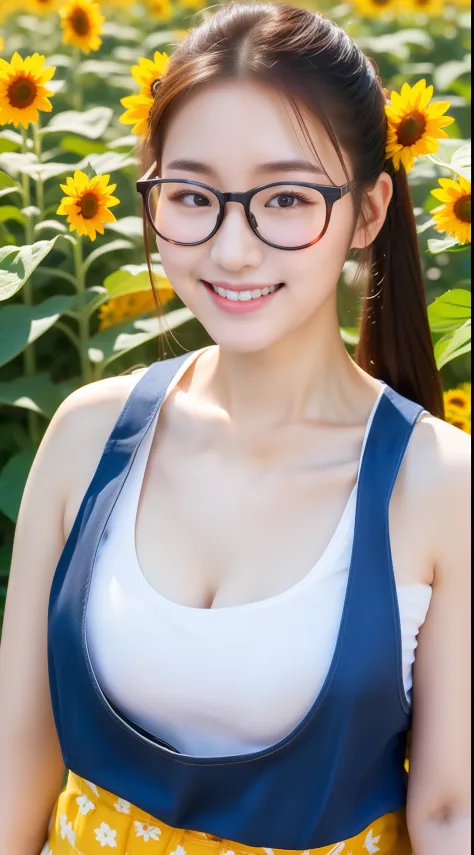 realistic photo of 1cute Korean star), short ponytail, white skin, thin makeup, 32 inch breasts size, slightly smile, wearing red apron, glasses, in sunflower field, close-up portrait, 16k