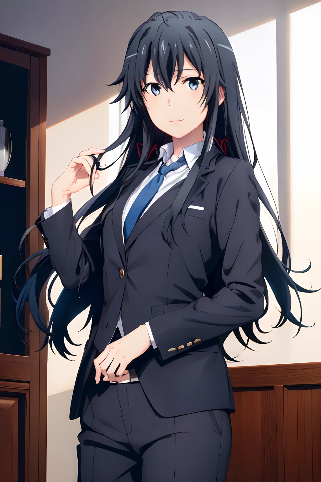 Anime girl in a suit and tie standing in a room - SeaArt AI