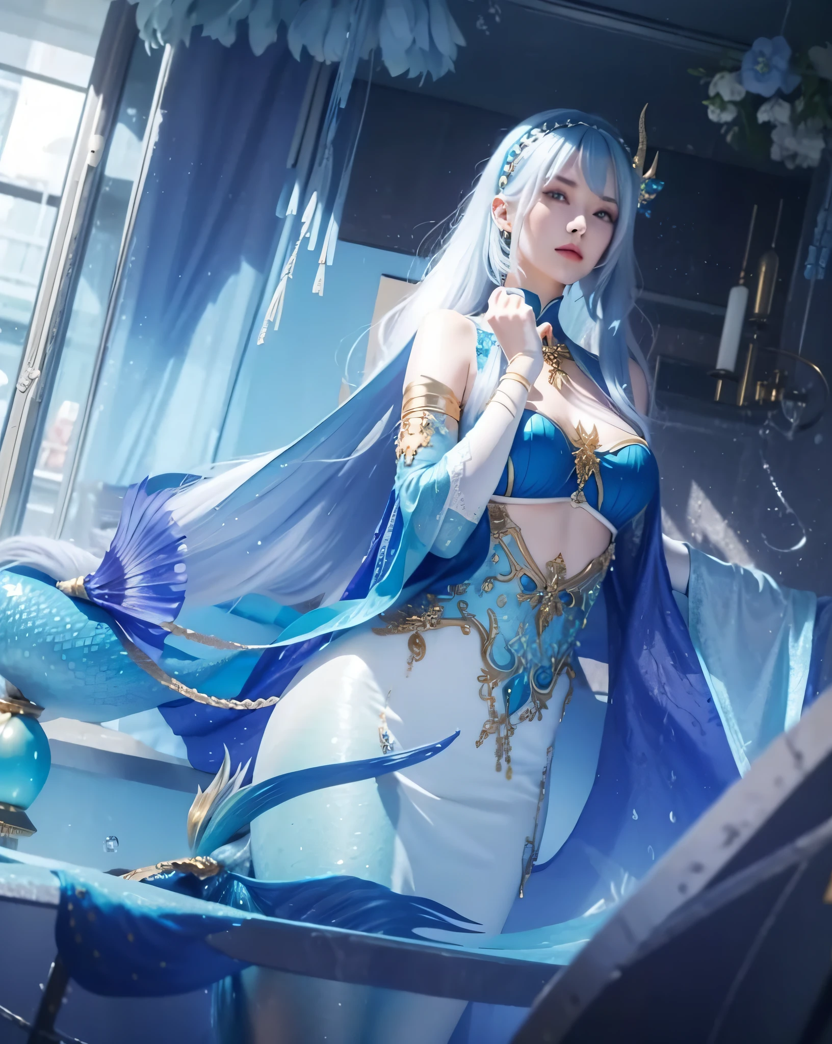 female, white long hair, wearing blue aqua dress elegant with gold line, the stomach is open, Mermaid horn headband, photorealistic, masterpiece