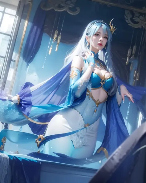 female, white long hair, wearing blue aqua dress elegant with gold line, the stomach is open, Mermaid horn headband, photorealis...