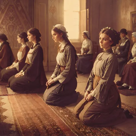 several women sitting in line in a room with a rug, slav epic, inspirado em nikolai ge, directed by: artur tarnowski, 1 8 8 0 s ...