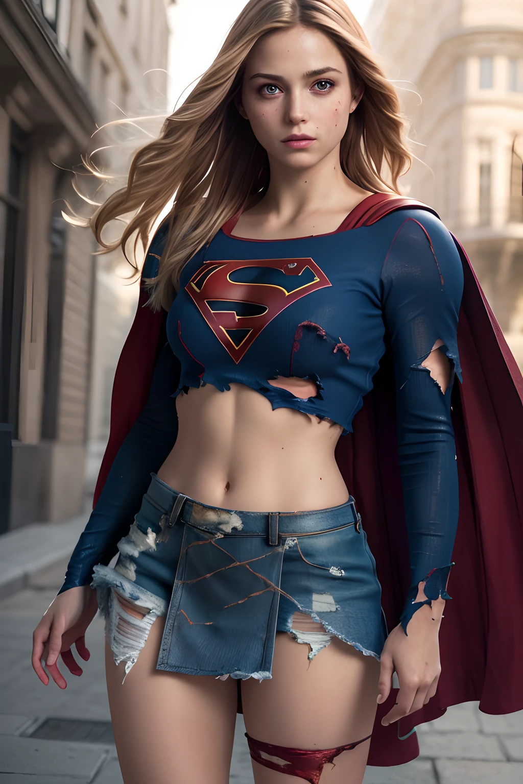 8k, best quality, real picture, intricate details, ultra-detailed, ultra highres, depth field,(photorealistic,realistic:1.2),masterpiece,photo of  european girl, supergirl, (bruise, dirty, torn clothes, revealing clothes, blood:1.3), blue eyes, blonde hair, long hair, ripped cape, ripped pantyhose, superhero, solo, sun, blue sky,
best quality, realistic, photorealistic, (intricate details:1.2), (delicate detailed), (cinematic light), clear line, sharp focus, realistic face, detailed face,
unity 8k wallpaper, ultra high res, (photorealistic:1.4), looking at viewer