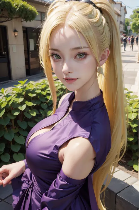 1girl, yamanaka ino in anime naruto, long hair, yellow hair, green eyes, smile, beautiful, sexy dress, sexy clothes, purple clot...