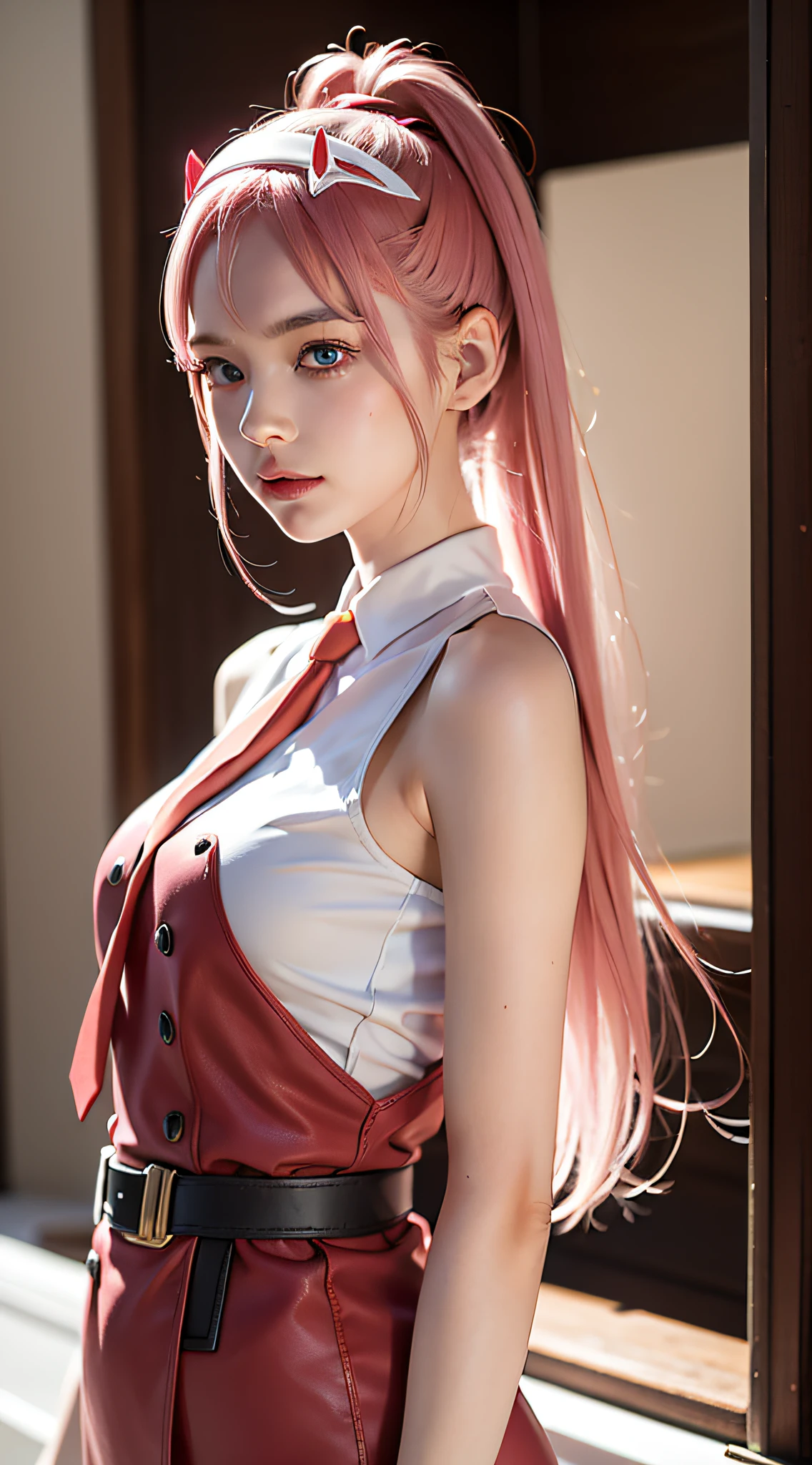 zero two from the anime darling in the franxx, woman, beautiful woman, perfect body, perfect breasts, very beautiful, long hair, pink hair, ponytail hair, wearing a red uniform, yellow tie, black pants, white shoes, blue eyes, red spots wearing a headband red-horned, smiling, looking at the audience, standing, realism, masterpiece, textured leather, super detailed, high detail, high quality, best quality, 1080p, 16k