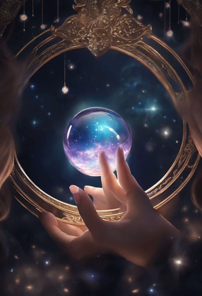 iluminação、animesque、caricatura、(melhor qualidade,alta resolução),Segurando uma bola de cristal redonda em sua mão,Constelações escritas em uma bola de cristal,mantos,O rosto está escondido、fundo misterioso