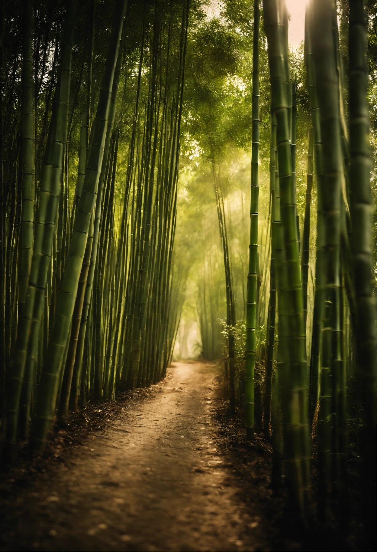 Arbusto de bambu、Uma estrada reta、oblongo、luz do sol、