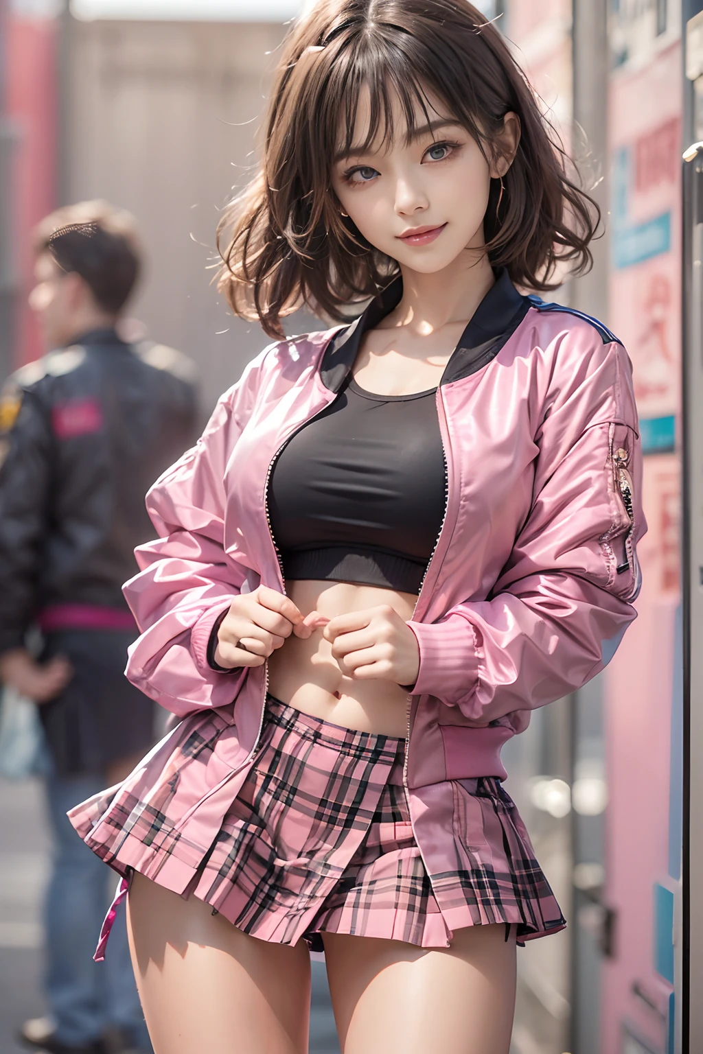 (masutepiece), (Best Quality), Realistic, Photorealism, 1girl in, Beautiful Girl, Perfect face, Perfect body, Sexy, Upper body wears only an air bomber jacket、Do not close the zipper, No bra, Braless, Smile、Taut、Toned waist、fascinating butt、Plaid miniskirt、(((Lift skirt with hand to expose pink sexy panties)))、Wearing a pistol holder on the thigh、Smile full of happiness、Attractive pretty woman、Detailed cute big blue eyes、Detailed cute face、complexion with good blood circulation、pink cheek