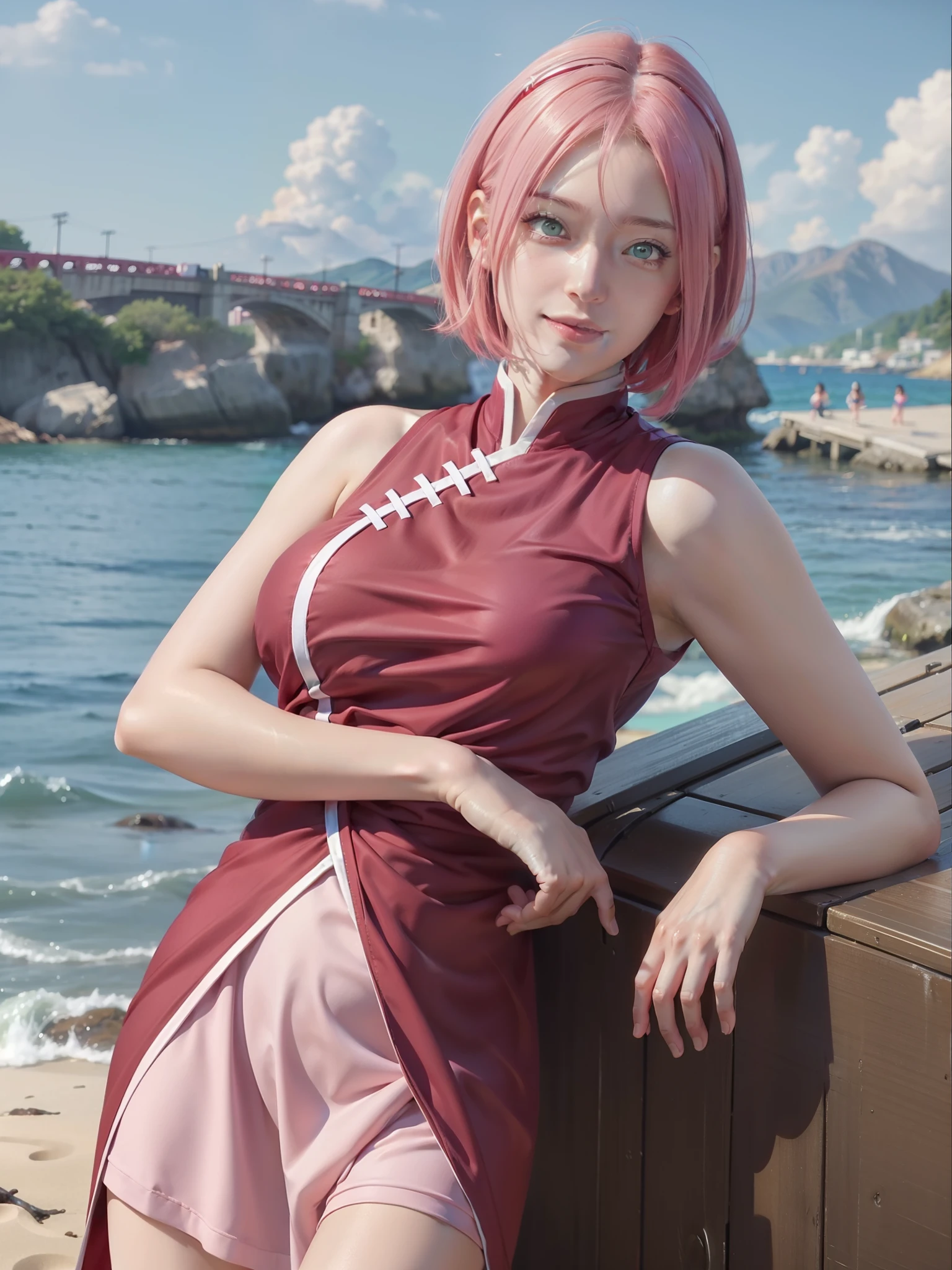 1girl, haruno in anime naruto, short hair, pink hair, green eyes, smile, beautiful, sexy dress, sexy clothes, red clothes, very big breast, realistic clothes, detail clothes, outdoor background, ultra detail, realistic