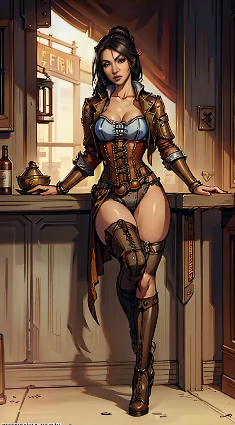 1girl, Asian young woman sitting near ((bar counter)) in ((steampunk western saloon)), wearing ((red steampunk corset)), ((black...