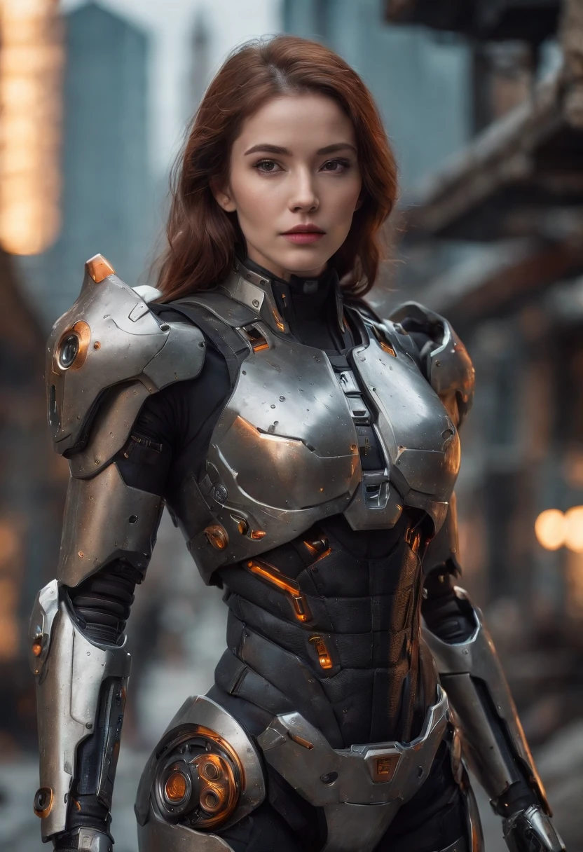 hot girl high tech Armor Dark_Fantasy,Cyberpunk,1man,Mechanical marvel ,Robotic presence ,Cybernetic guardian, wearing a worn-out mech suit, intricate, (steel metal [rusty]), elegant, clear focus, soft lighting, vibrant colors, masterpiece, ((street)), cowboy shot, dynamic pose, 8k, black steel look