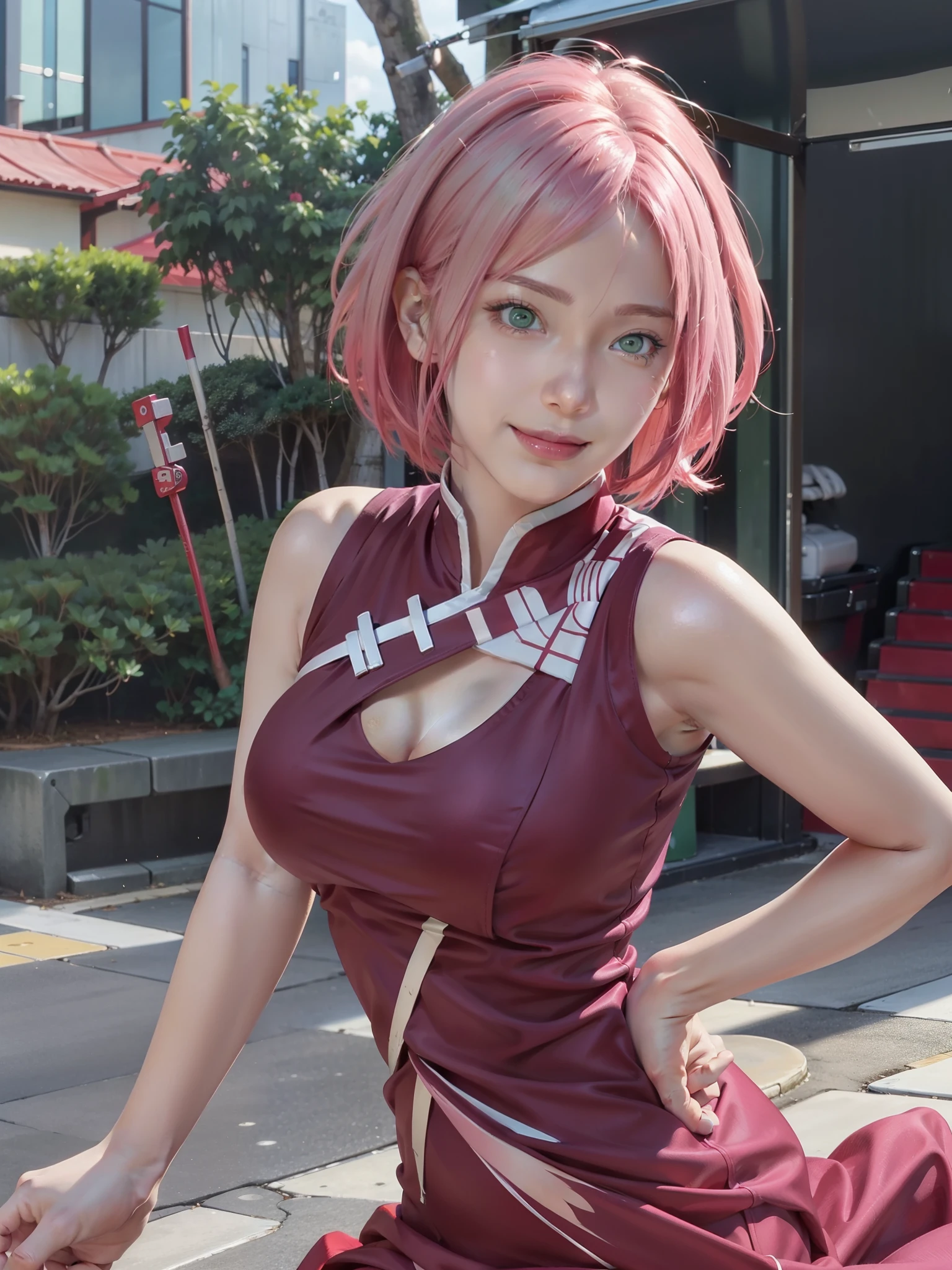 1girl, haruno in anime naruto, short hair, pink hair, green eyes, smile, beautiful, sexy dress, sexy clothes, red clothes, very big breast, realistic clothes, detail clothes, outdoor background, ultra detail, realistic