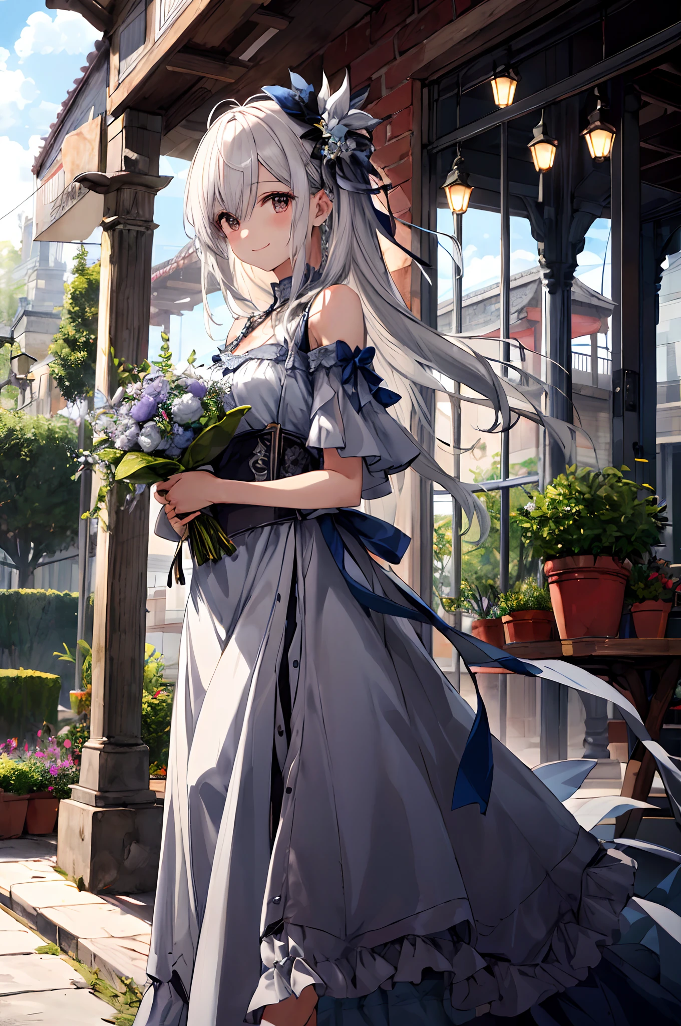 (tmasterpiece、top-quality、illustratio、Extremely high quality、high-level image quality、Extremely sensitive writing)White-haired girl standing in beautiful garden、A slight smile、She has a large bouquet、Cute national costume style dress，There are ruffles on the shoulders、Hair fluttering in the wind