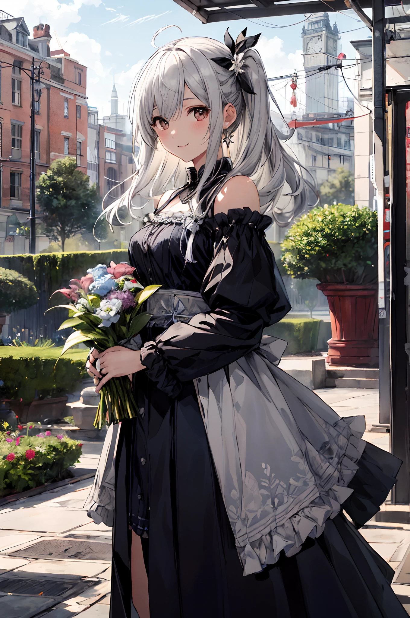 (tmasterpiece、top-quality、illustratio、Extremely high quality、high-level image quality、Extremely sensitive writing)White-haired girl standing in beautiful garden、A slight smile、She has a large bouquet、Cute national costume style dress，There are ruffles on the shoulders、Hair fluttering in the wind