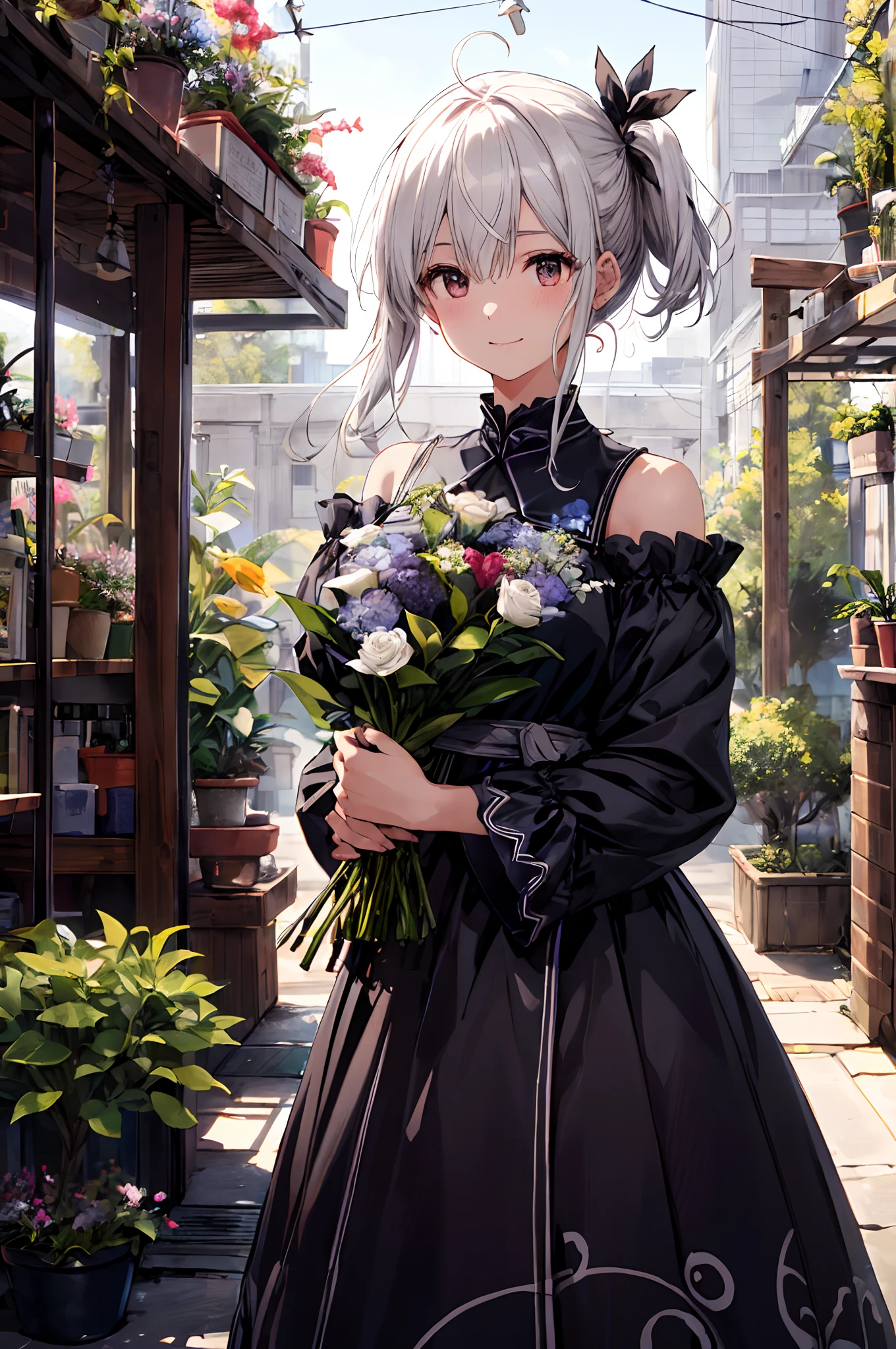 (tmasterpiece、top-quality、illustratio、Extremely high quality、high-level image quality、Extremely sensitive writing)White-haired girl standing in beautiful garden、A slight smile、She has a large bouquet、Cute national costume style dress，There are ruffles on the shoulders、Hair fluttering in the wind